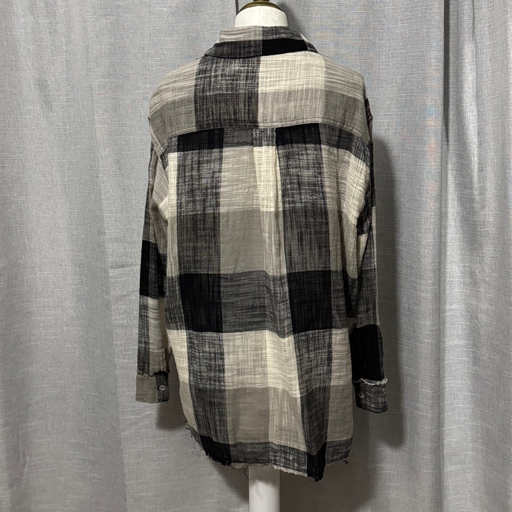 la miel 100% Cotton Shirt-Sz M-Relaxed-Button Up-Plaid-Raw Edge Trim-Lightweight - Picture 10 of 16